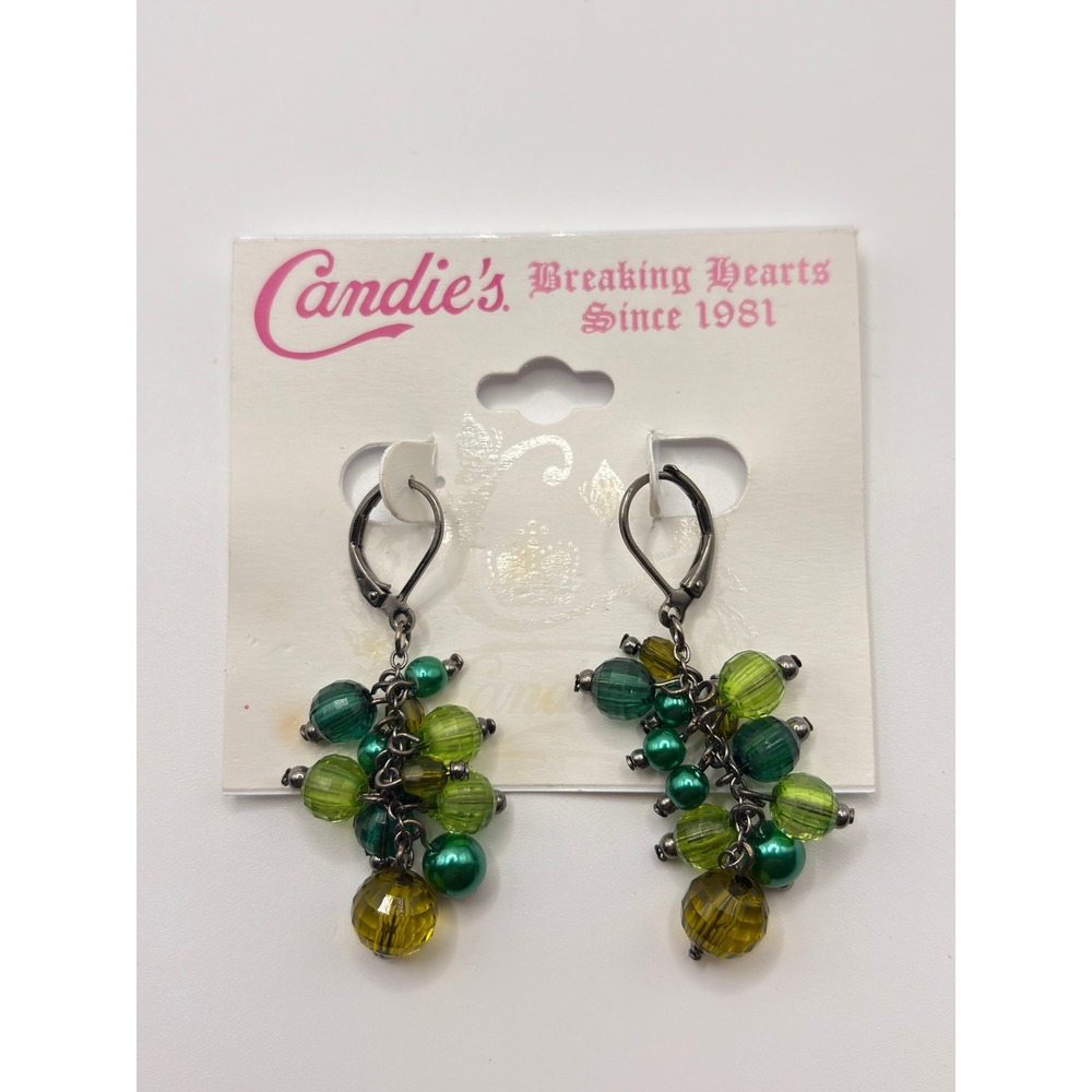 Candie's Green‎ Beaded Cluster Dangle Earrings Lever Back Gunmetal Tone Jewelry